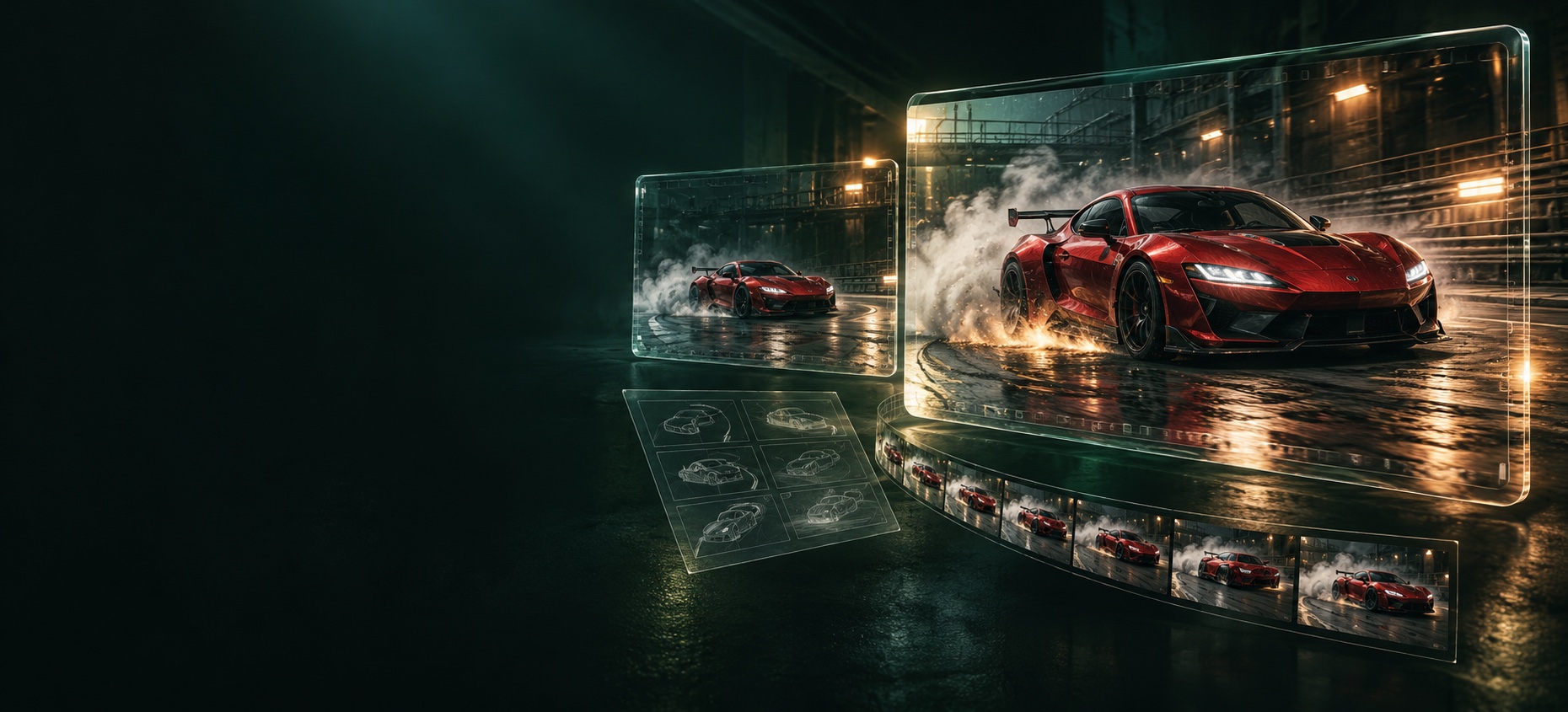 Original concept artwork of racing-car film frames, a storyboard and a strip of video frames.