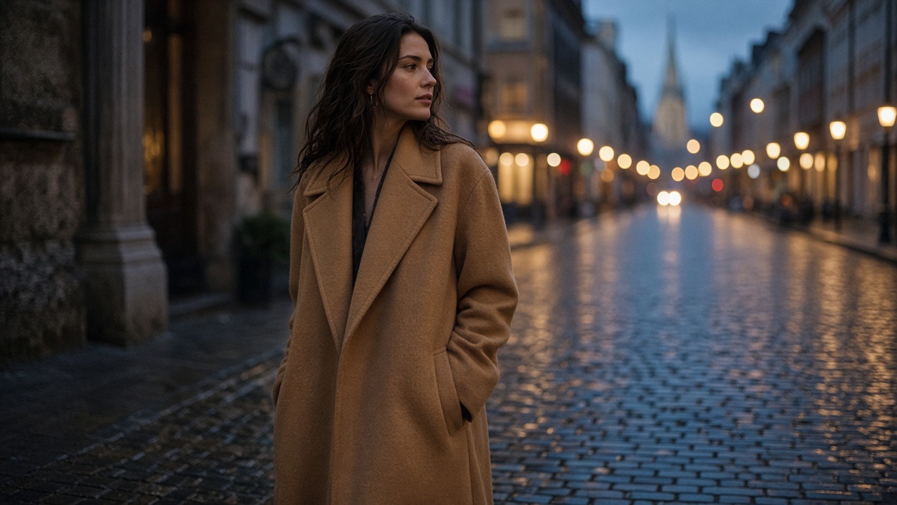 Fashion still of a camel coat on a wet street showing subject consistency