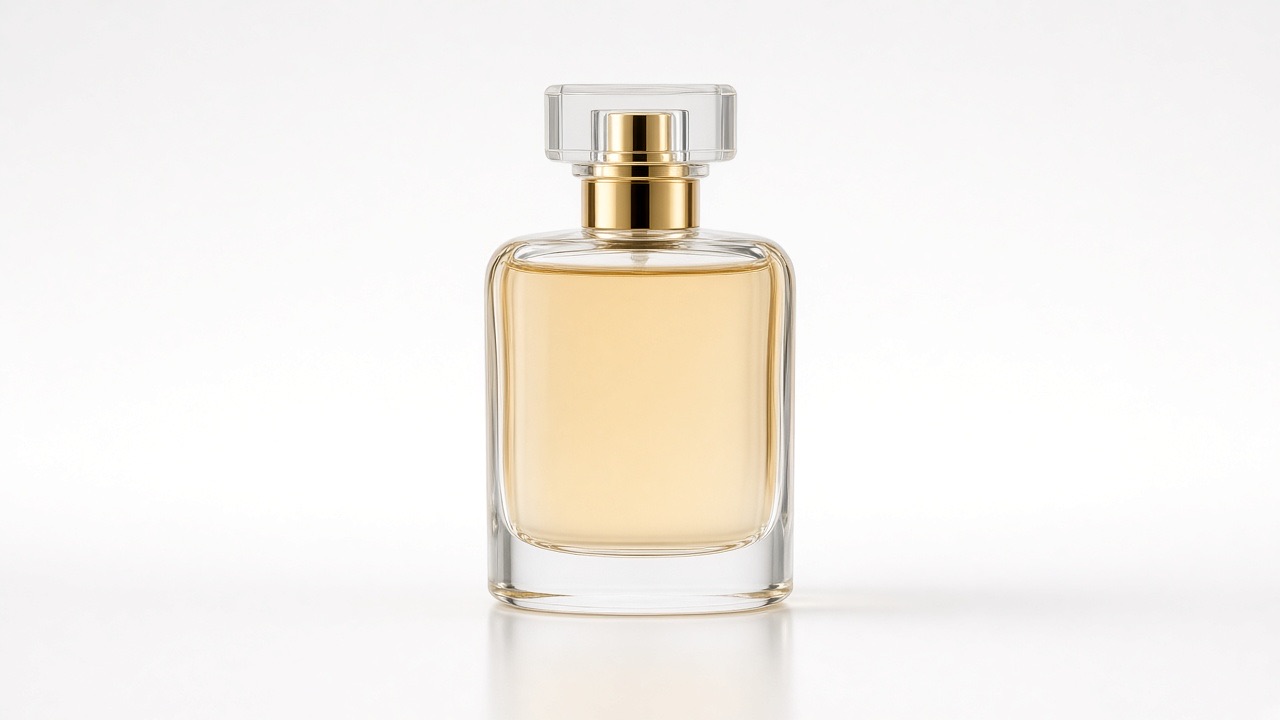 Isolated perfume bottle on a white cyclorama