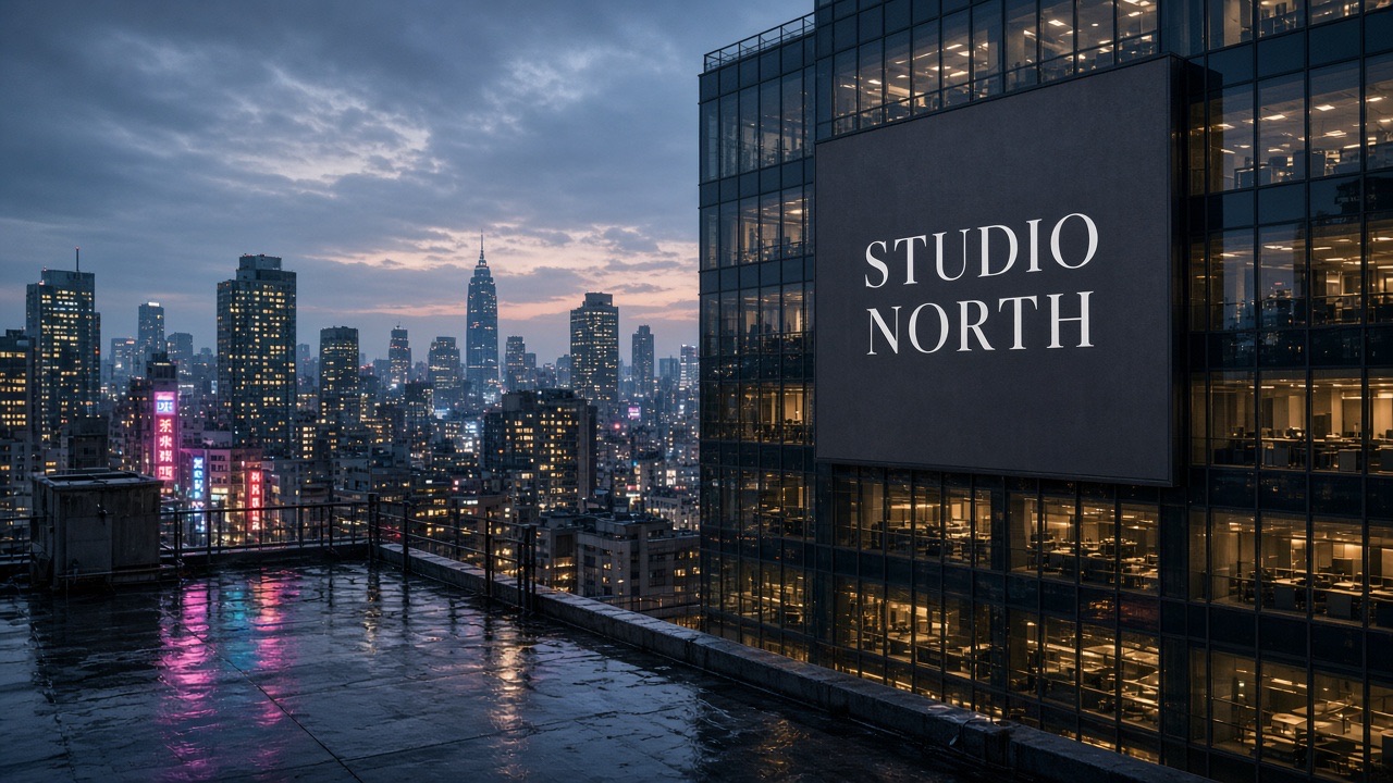 Rain-lit city rooftop billboard introducing the image generator