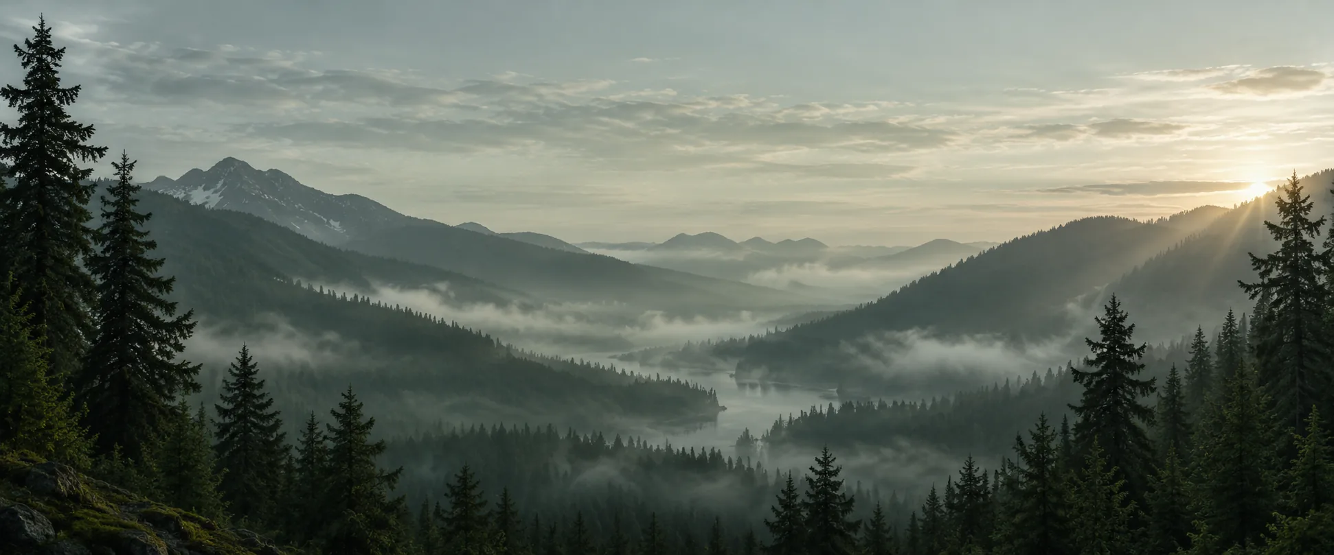 Mist between conifer-covered ridges in a forest valley at dawn