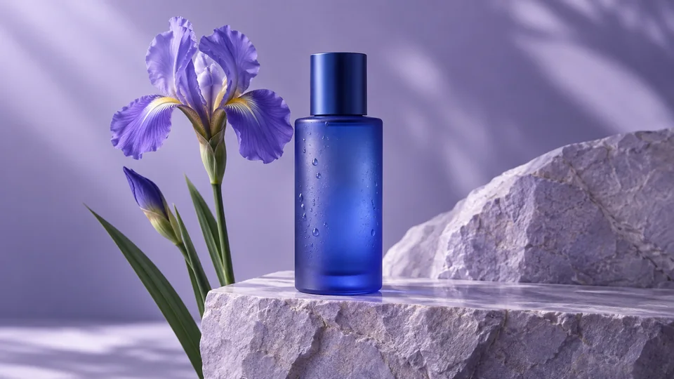 Cobalt-blue skincare bottle on pale lavender stone