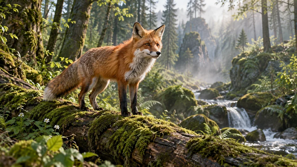 Red fox on a mossy trunk in a misty forest