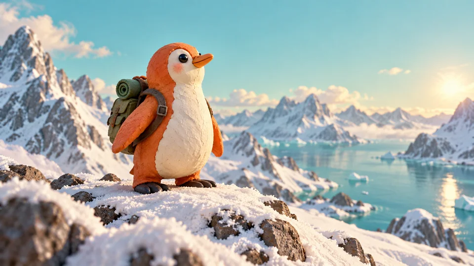 Clay penguin explorer on a snowy ridge