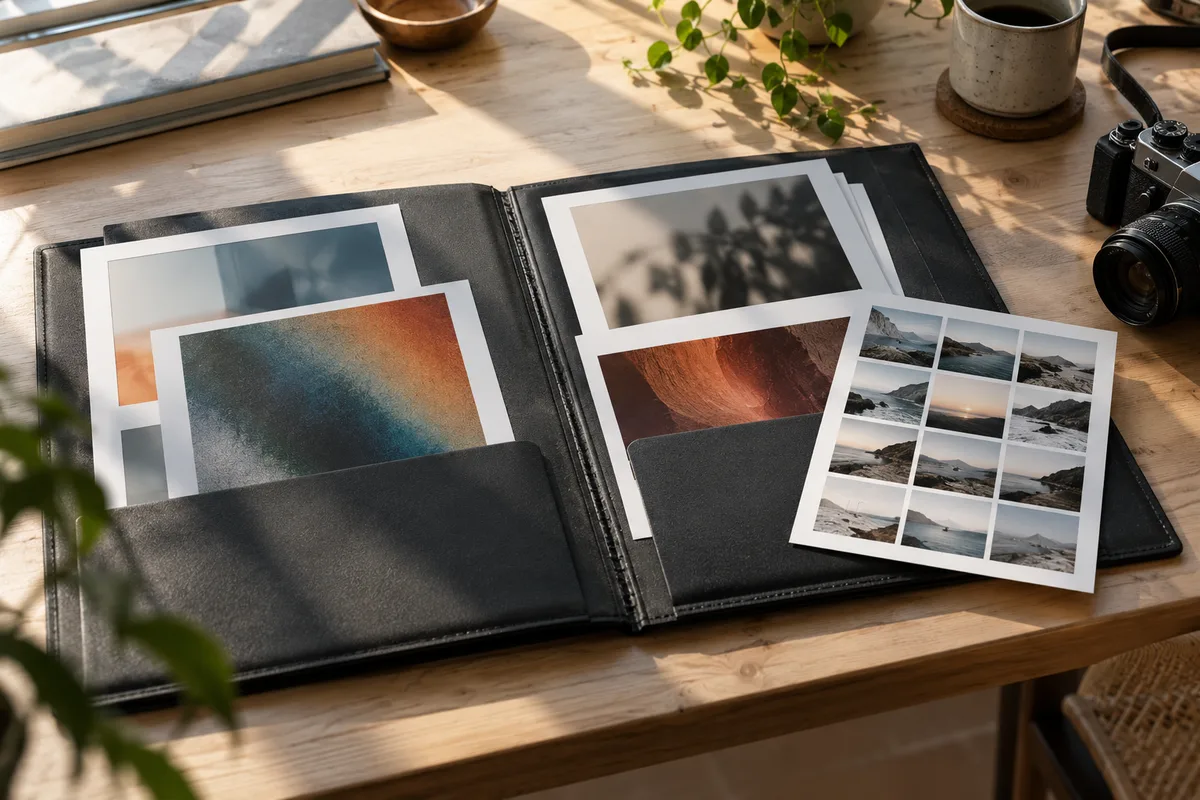 Open portfolio with abstract prints and a landscape contact sheet on a sunlit desk