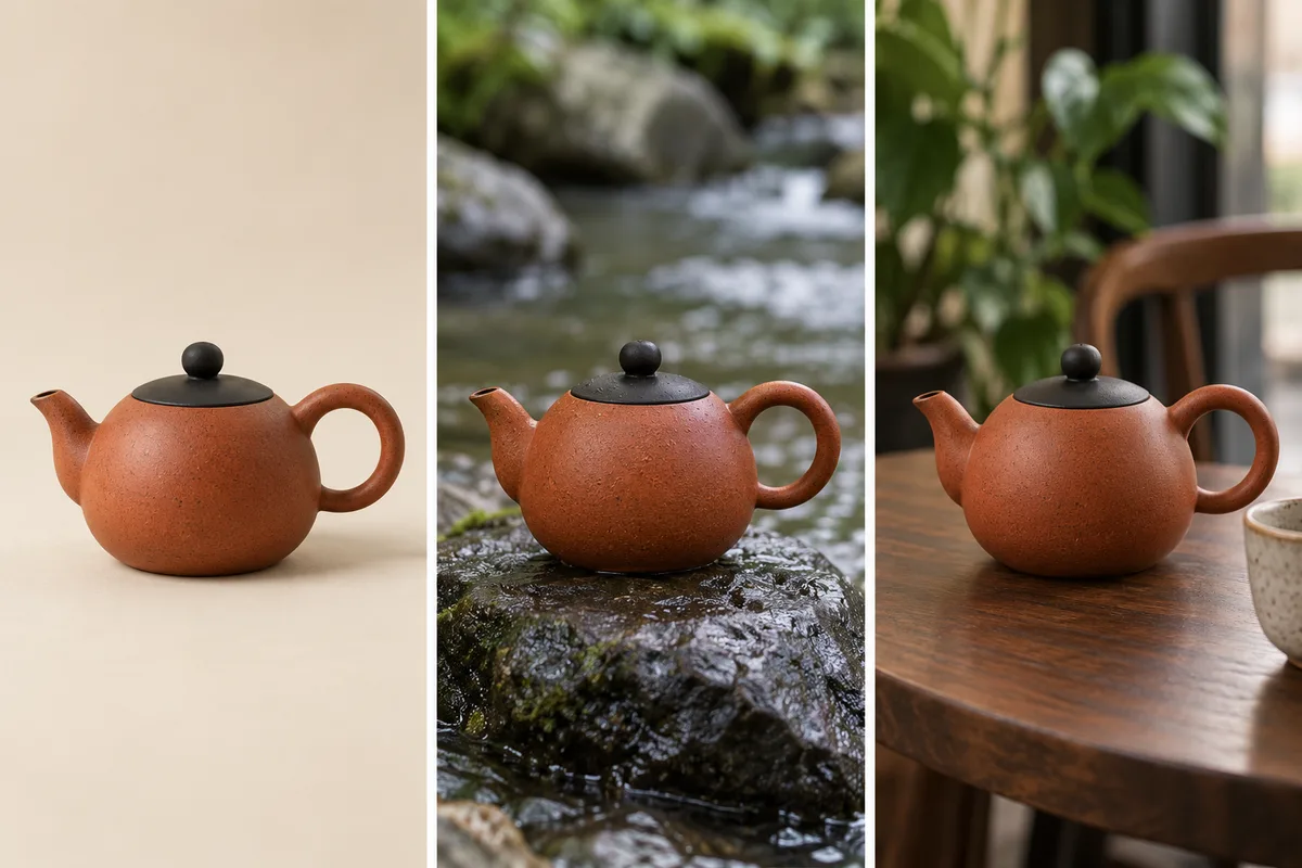 The same rust-orange teapot illustrated in a studio, beside a stream and on a cafe table