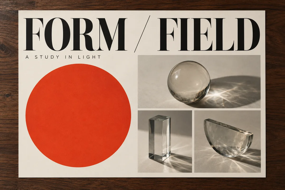 Cream exhibition poster with FORM / FIELD headline, red circle and glass objects