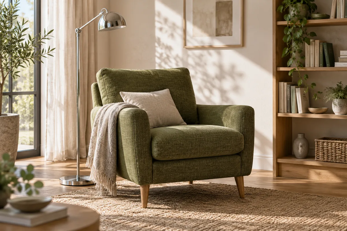 Moss-green armchair in a daylight reading corner with oak shelving and linen curtains