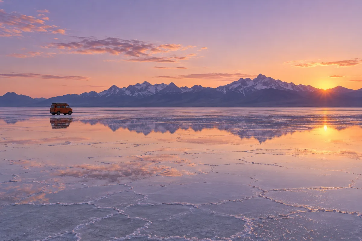 An orange camper van on reflective salt flats beneath a continuous mountain horizon