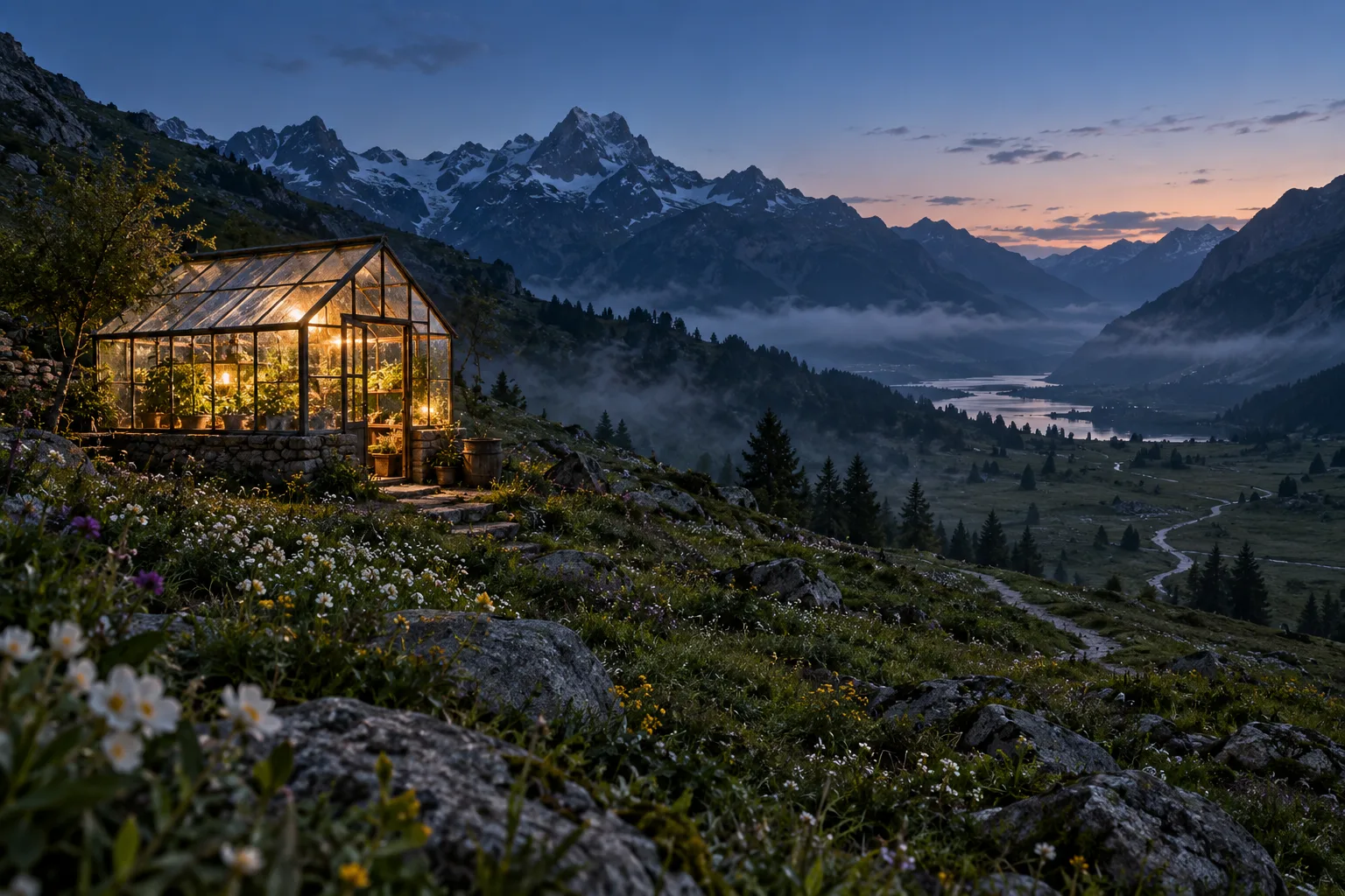 An illuminated glass greenhouse in an alpine valley at blue hour