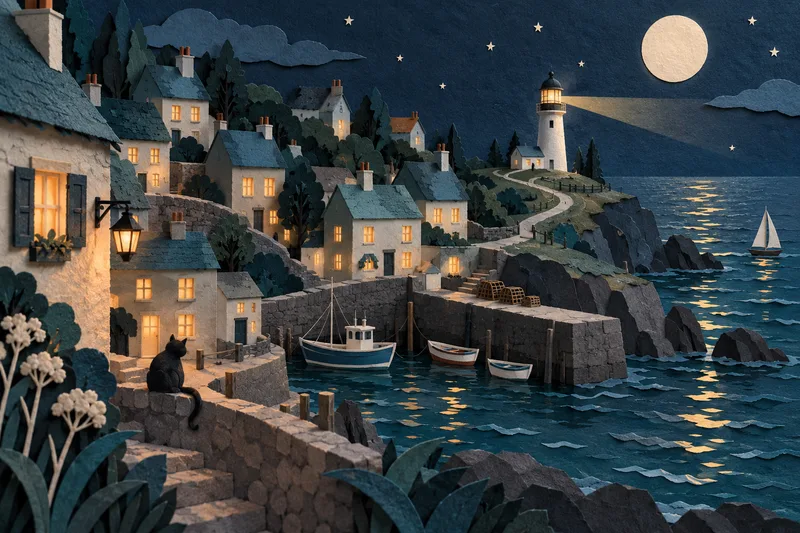 Handcrafted paper seaside village with teal rooftops and warm windows