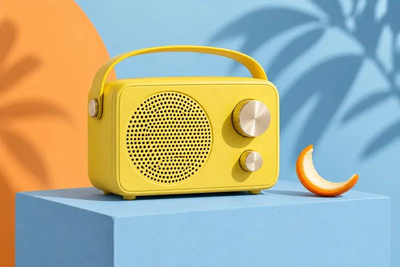 Yellow radio on a blue studio plinth