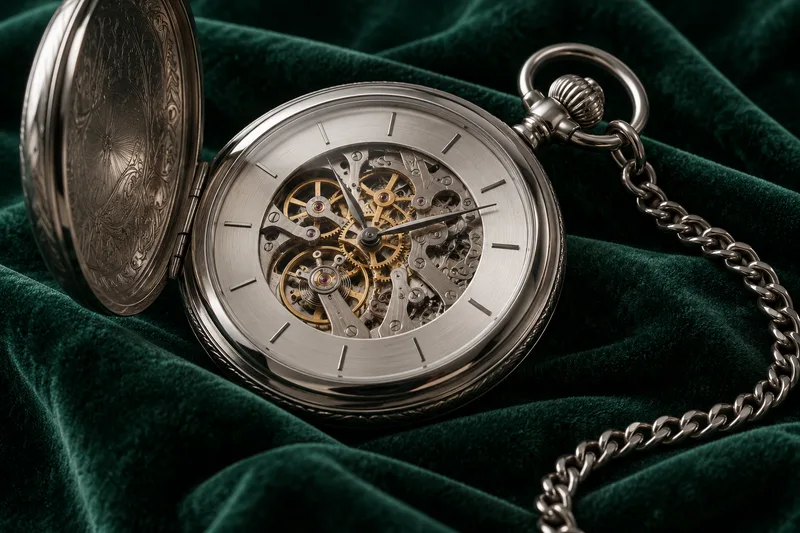 Silver watch mechanism on dark emerald velvet