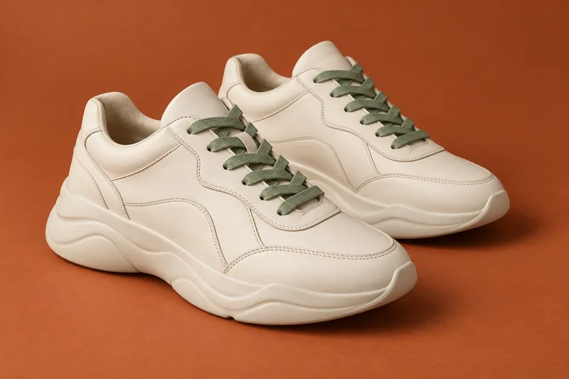 Cream leather sneakers with sage laces on a terracotta background