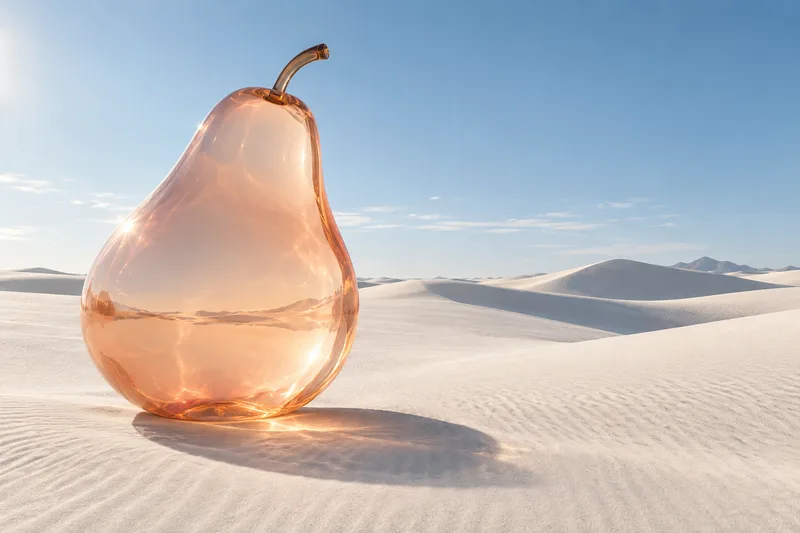 Translucent peach glass pear on white desert dunes