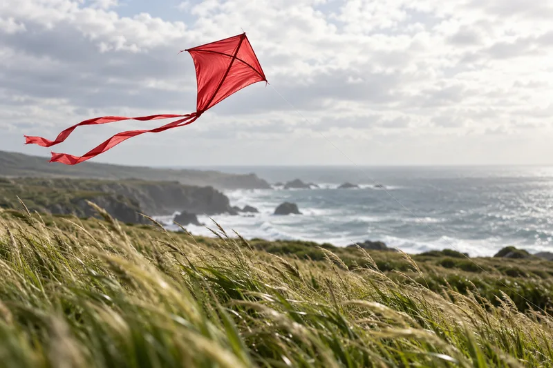 A red silk kite above windswept coastal grass