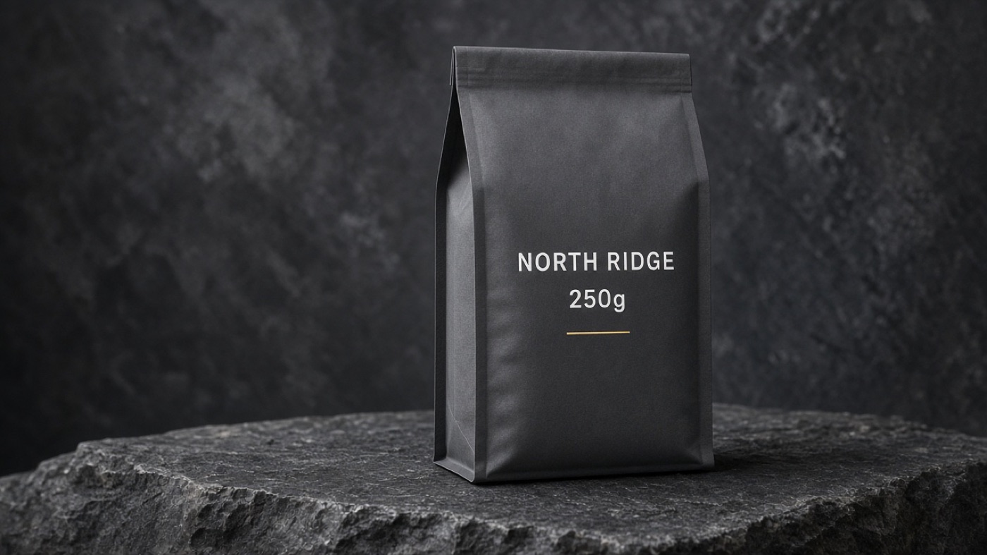 带有清晰 NORTH RIDGE 字样的咖啡包装静帧