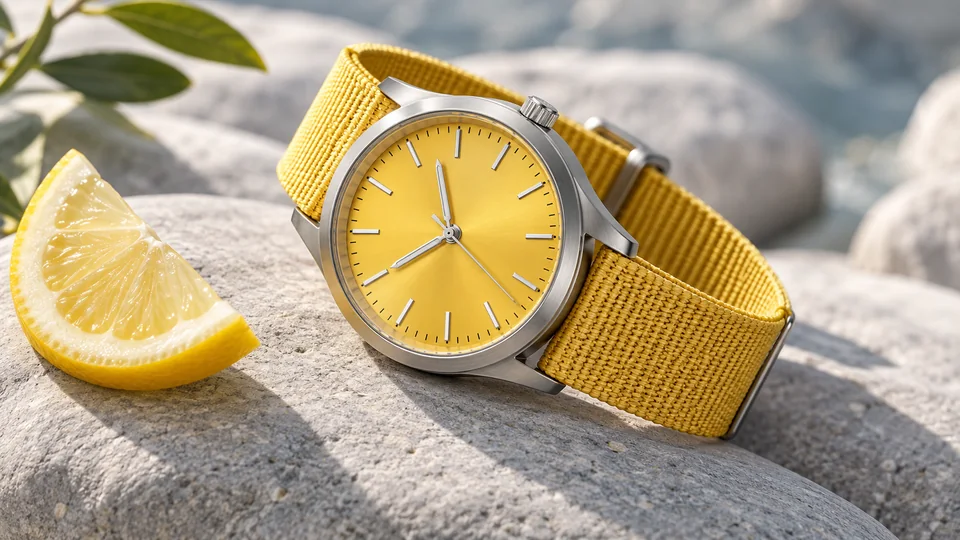 Yellow sport watch with woven strap on gray stone