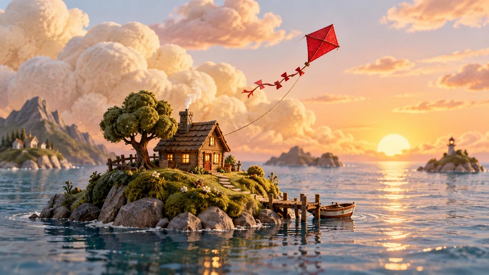 Red kite above a miniature moss-covered island