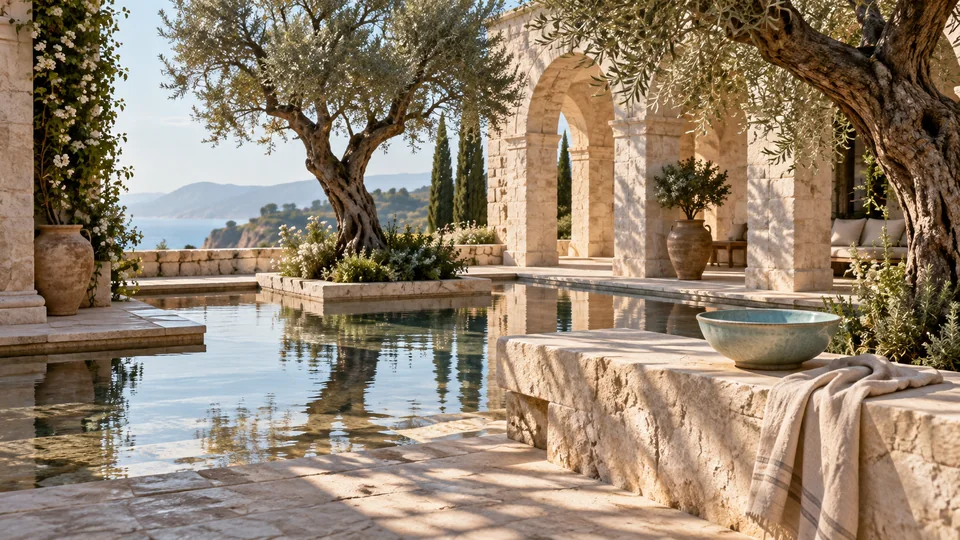 Sunlit stone courtyard with olive trees and reflecting water