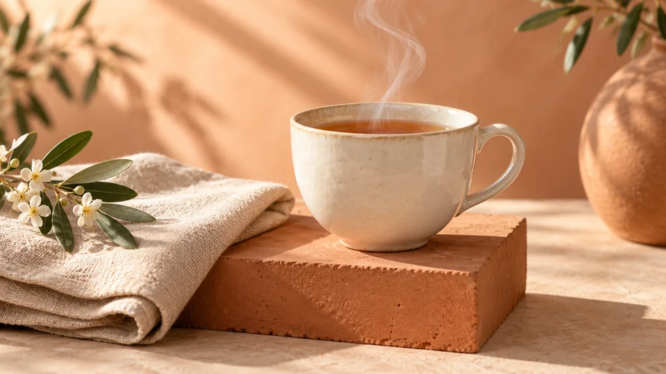 Ivory ceramic cup on a terracotta pedestal