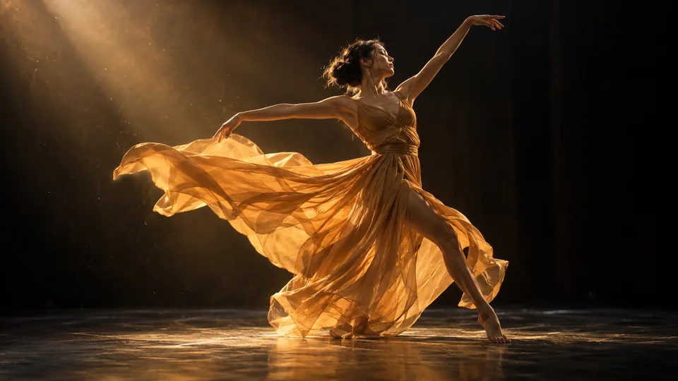 A dancer in amber fabric under warm stage lighting