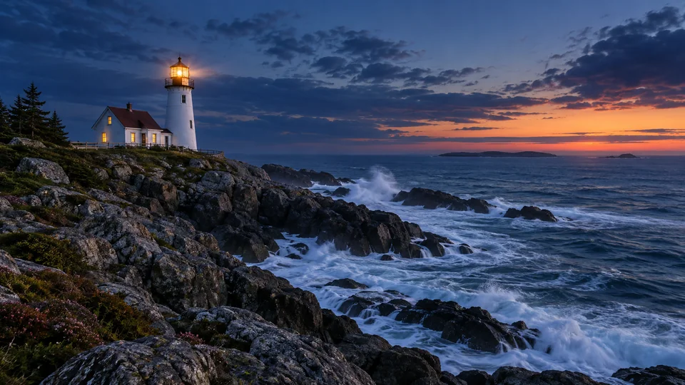Lighthouse above a rocky coast at blue hour